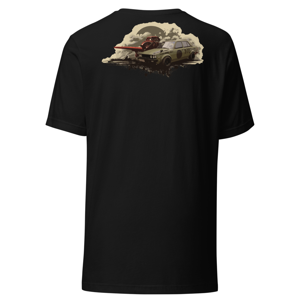KE70 Fighter Plane Tee – black, back print of a green KE70 old-school sedan and red fighter plane
