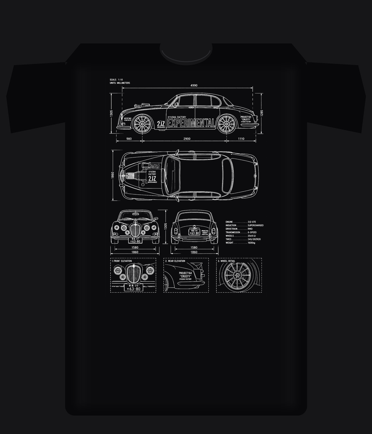 The Secret Plans of our Jag T-shirt - black tee with white blueprint of the Kyusha Factory Jaguar Project64 CRUSTY (front)